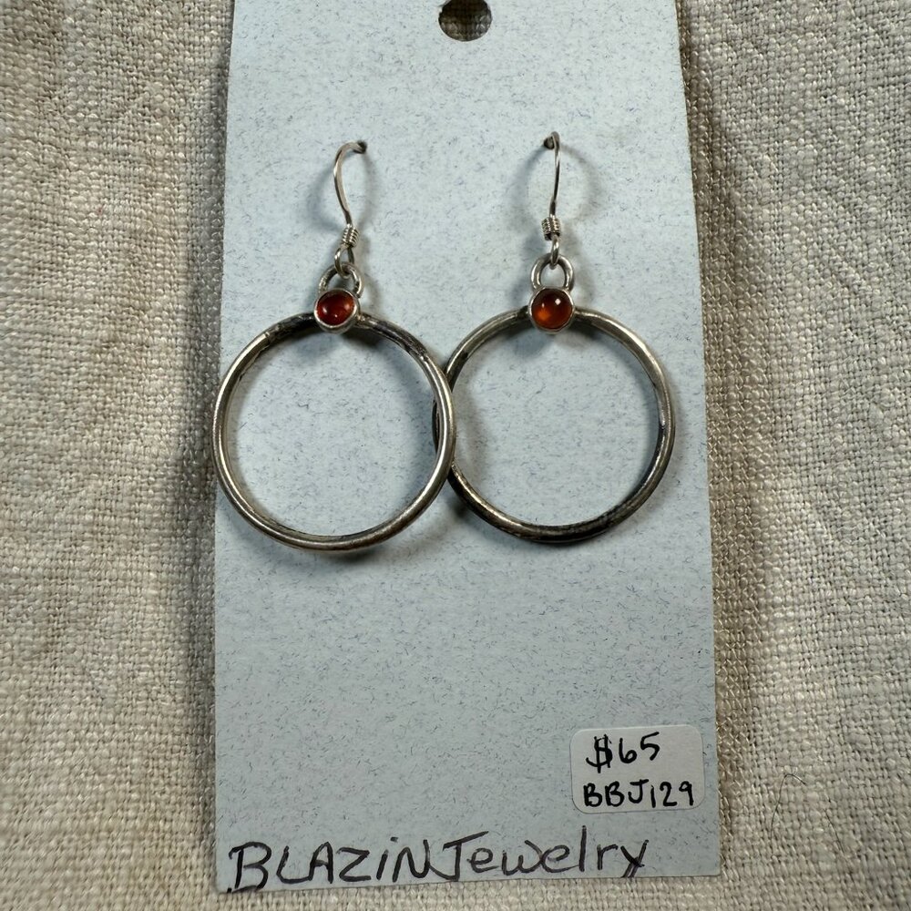 Blazin Jewelry Red Carnelian Gemstone Accent Dangle Hoop Statement Earrings